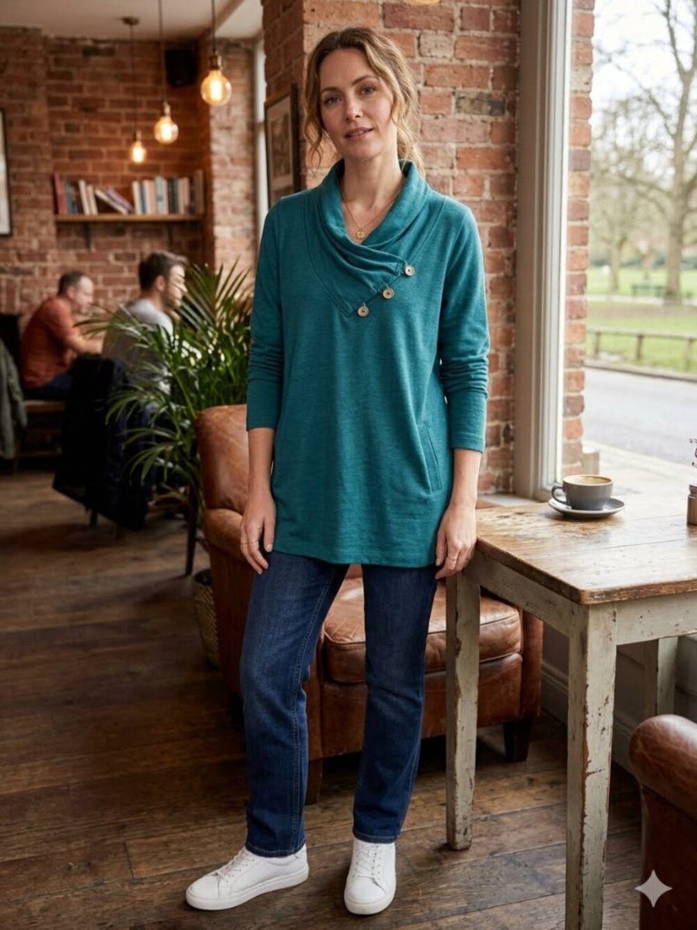 Soft Surroundings Size XL Teal Cowl Neck Button Accent Long Sleeve Tunic Top